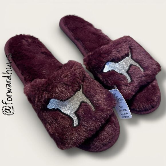 Victoria’s Secret PINK Fuzzy Slide Slippers – Purple – Silver Dog Logo – Size S/ - Picture 6 of 10